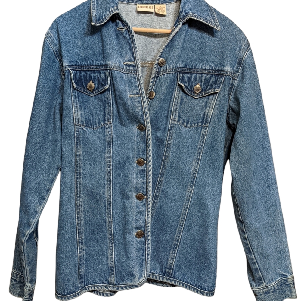 Crossroads Denim Jacket Womens Medium Blue Jean Coat Button Up Collared.